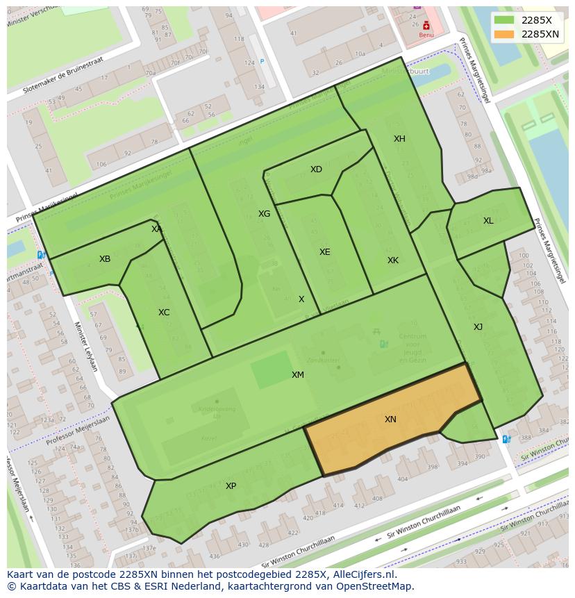 Afbeelding van het postcodegebied 2285 XN op de kaart.