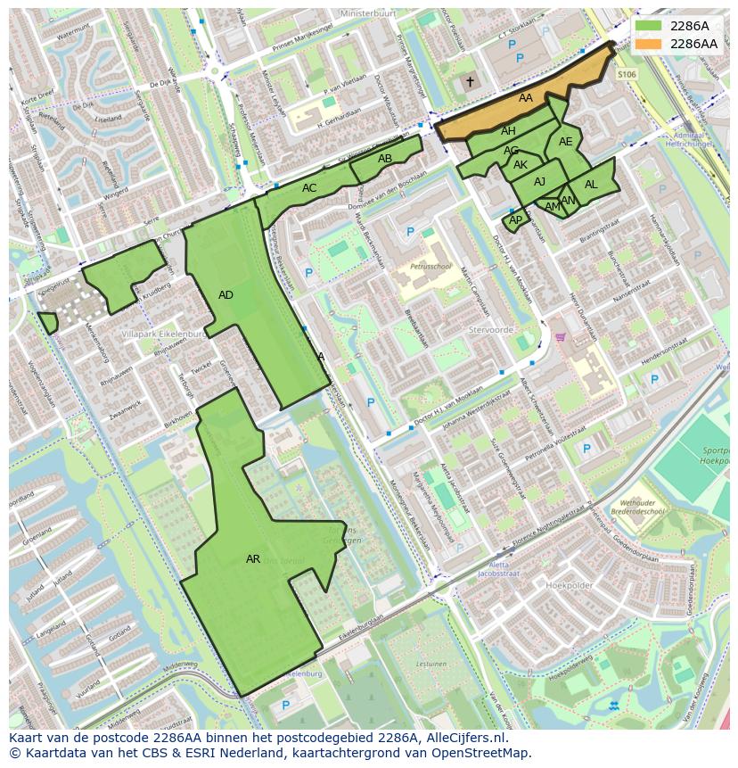 Afbeelding van het postcodegebied 2286 AA op de kaart.