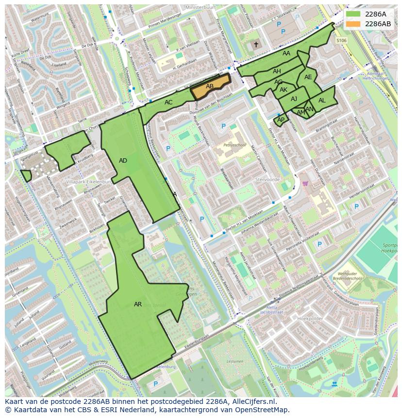 Afbeelding van het postcodegebied 2286 AB op de kaart.
