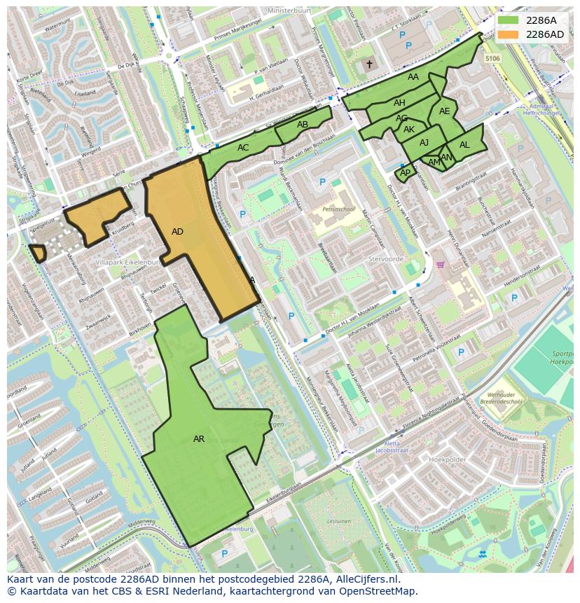 Afbeelding van het postcodegebied 2286 AD op de kaart.