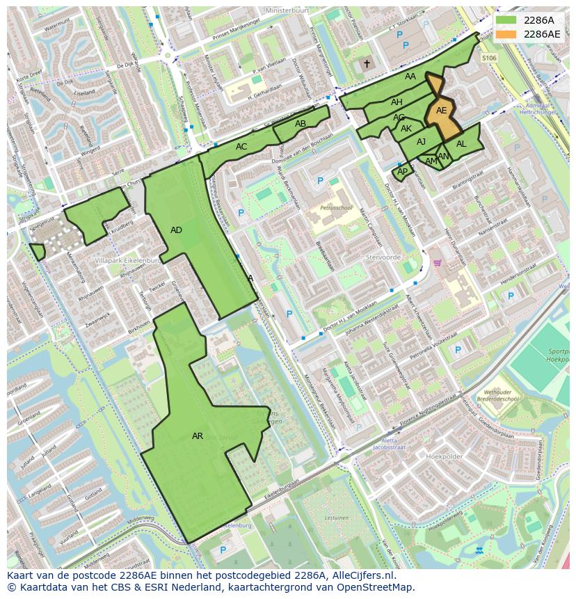 Afbeelding van het postcodegebied 2286 AE op de kaart.