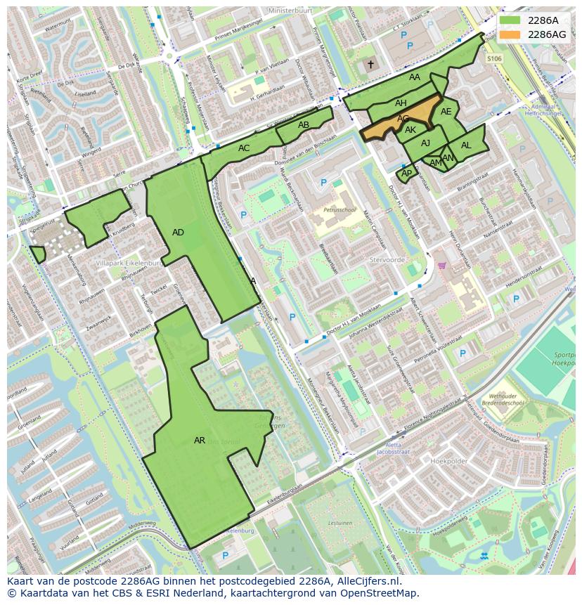 Afbeelding van het postcodegebied 2286 AG op de kaart.