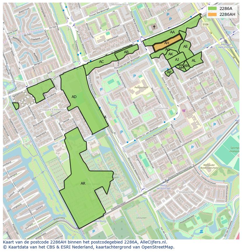 Afbeelding van het postcodegebied 2286 AH op de kaart.