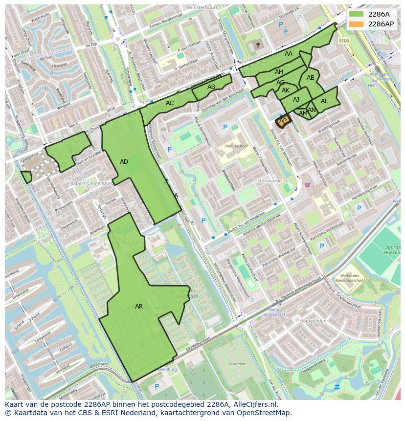 Afbeelding van het postcodegebied 2286 AP op de kaart.