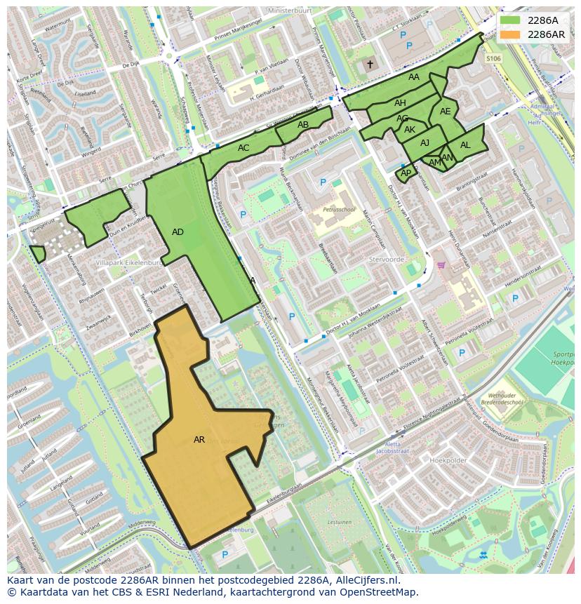 Afbeelding van het postcodegebied 2286 AR op de kaart.