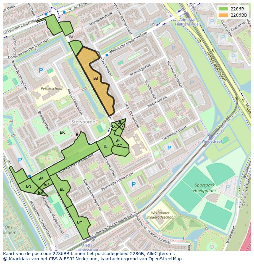 Afbeelding van het postcodegebied 2286 BB op de kaart.