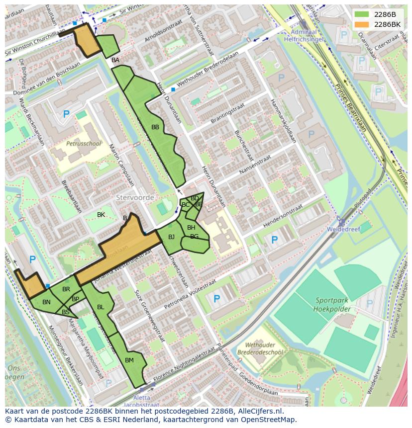 Afbeelding van het postcodegebied 2286 BK op de kaart.