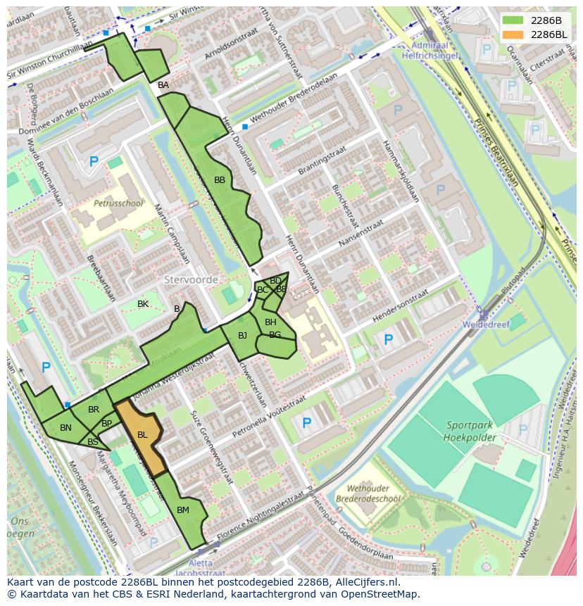 Afbeelding van het postcodegebied 2286 BL op de kaart.