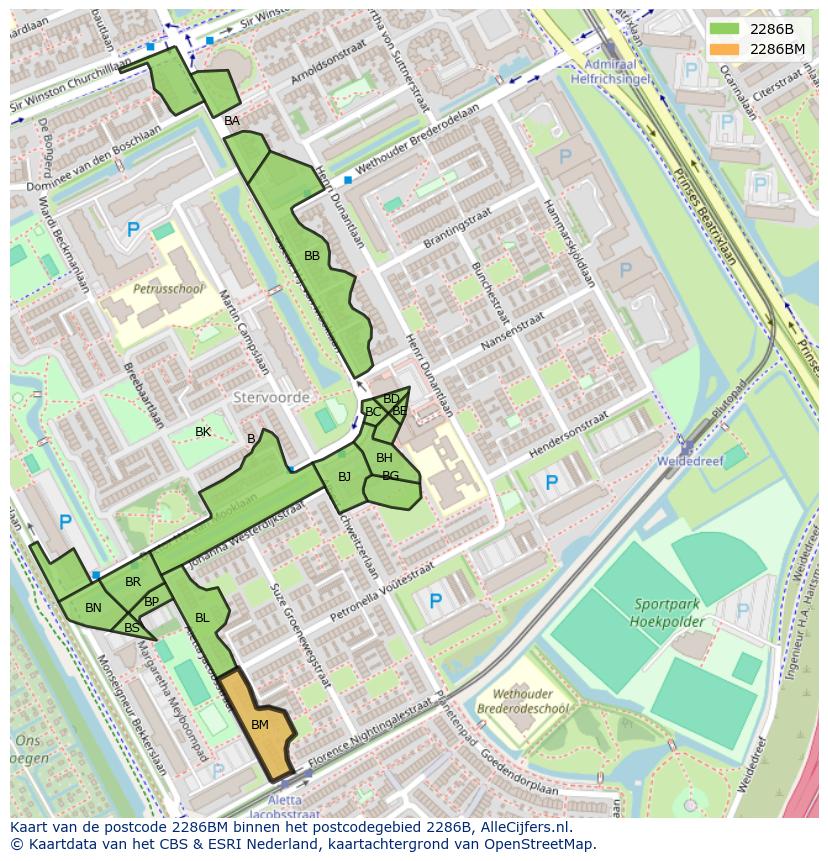 Afbeelding van het postcodegebied 2286 BM op de kaart.