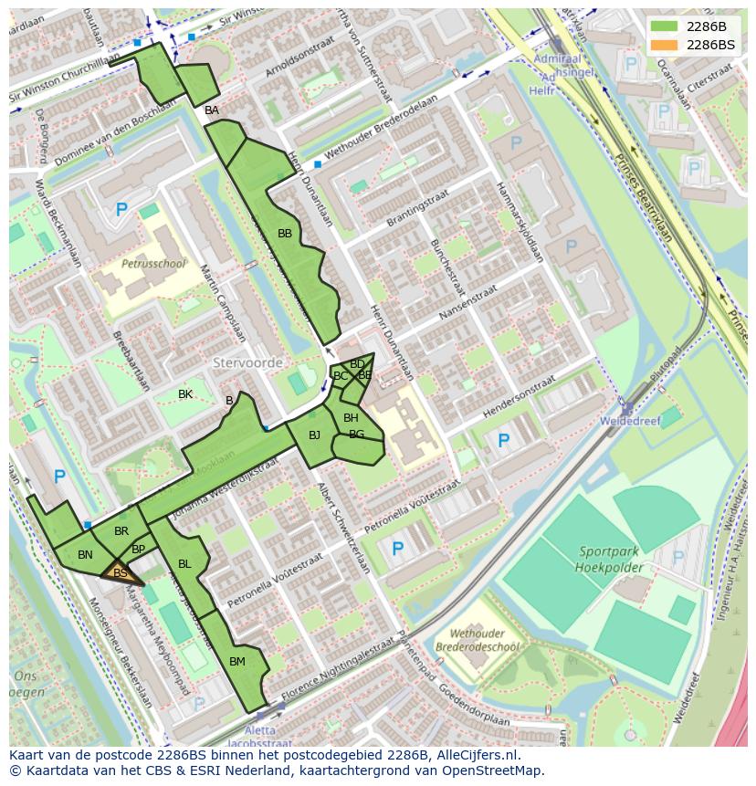 Afbeelding van het postcodegebied 2286 BS op de kaart.