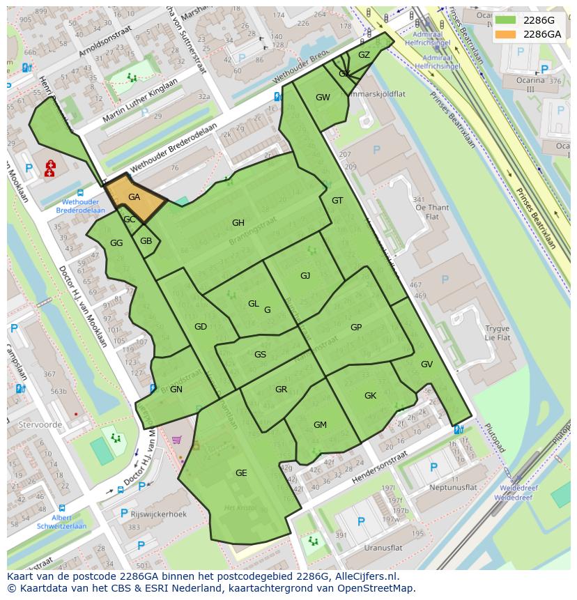 Afbeelding van het postcodegebied 2286 GA op de kaart.