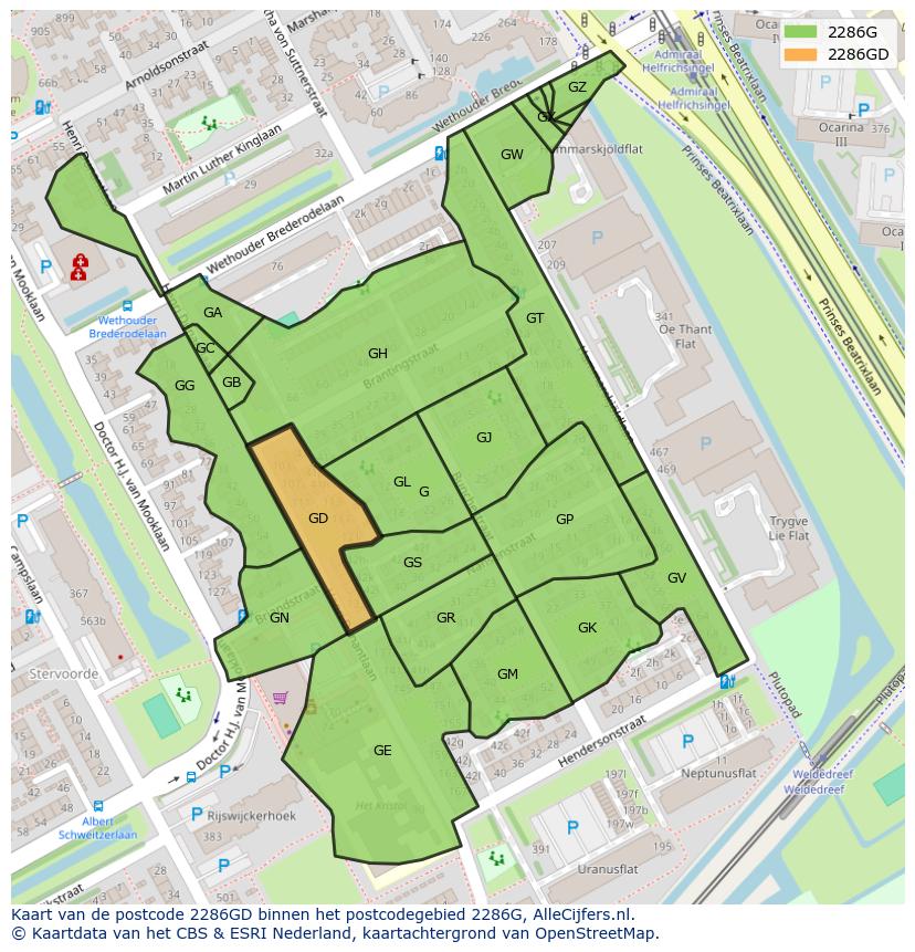 Afbeelding van het postcodegebied 2286 GD op de kaart.