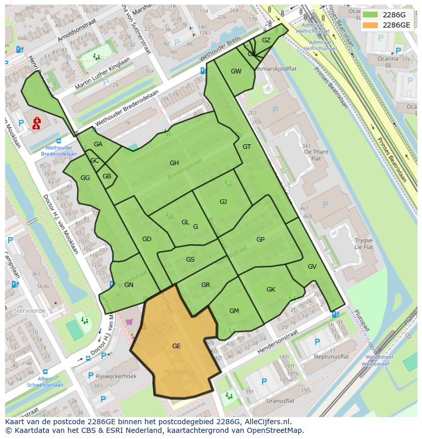 Afbeelding van het postcodegebied 2286 GE op de kaart.