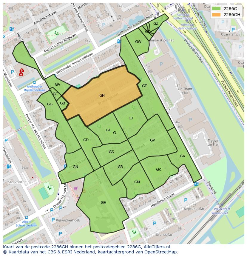 Afbeelding van het postcodegebied 2286 GH op de kaart.
