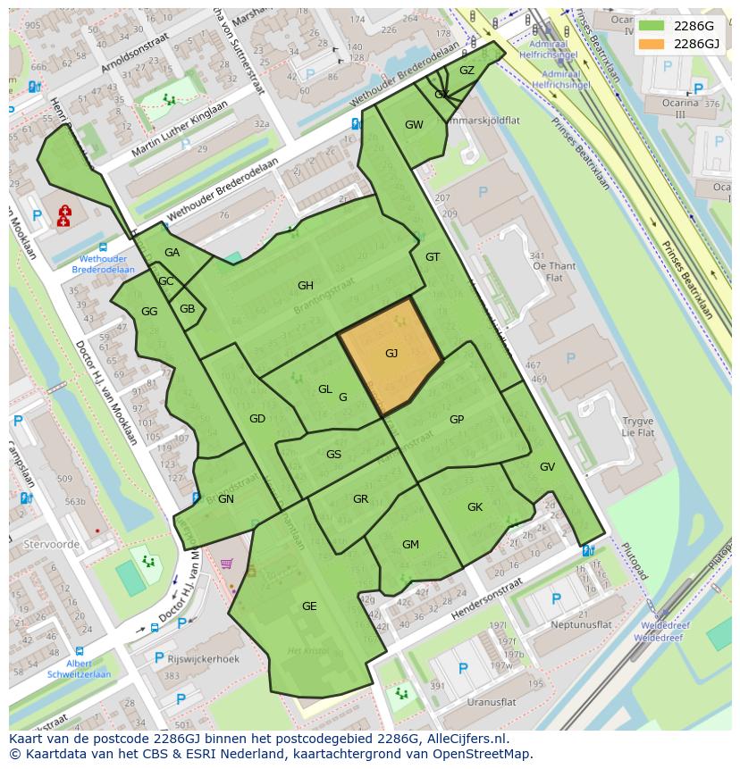 Afbeelding van het postcodegebied 2286 GJ op de kaart.