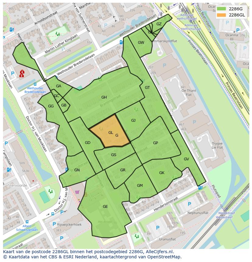 Afbeelding van het postcodegebied 2286 GL op de kaart.
