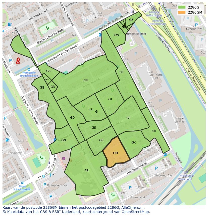 Afbeelding van het postcodegebied 2286 GM op de kaart.