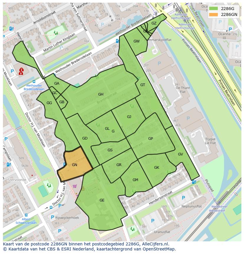 Afbeelding van het postcodegebied 2286 GN op de kaart.