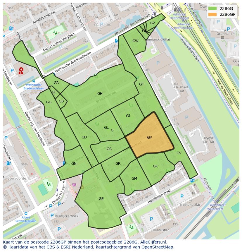 Afbeelding van het postcodegebied 2286 GP op de kaart.