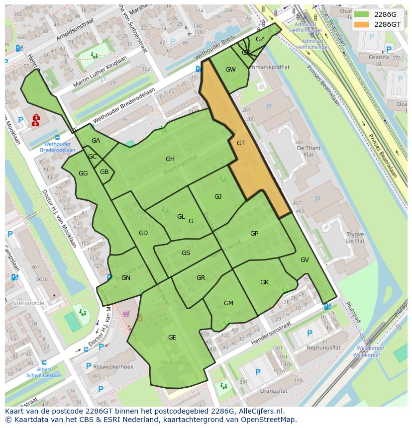 Afbeelding van het postcodegebied 2286 GT op de kaart.