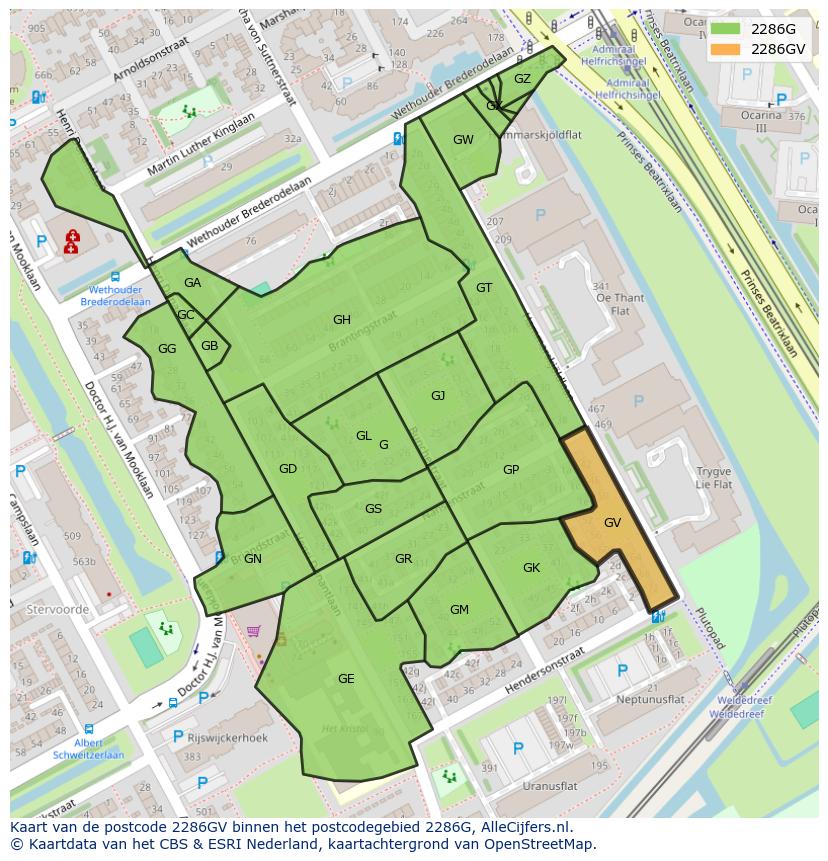 Afbeelding van het postcodegebied 2286 GV op de kaart.