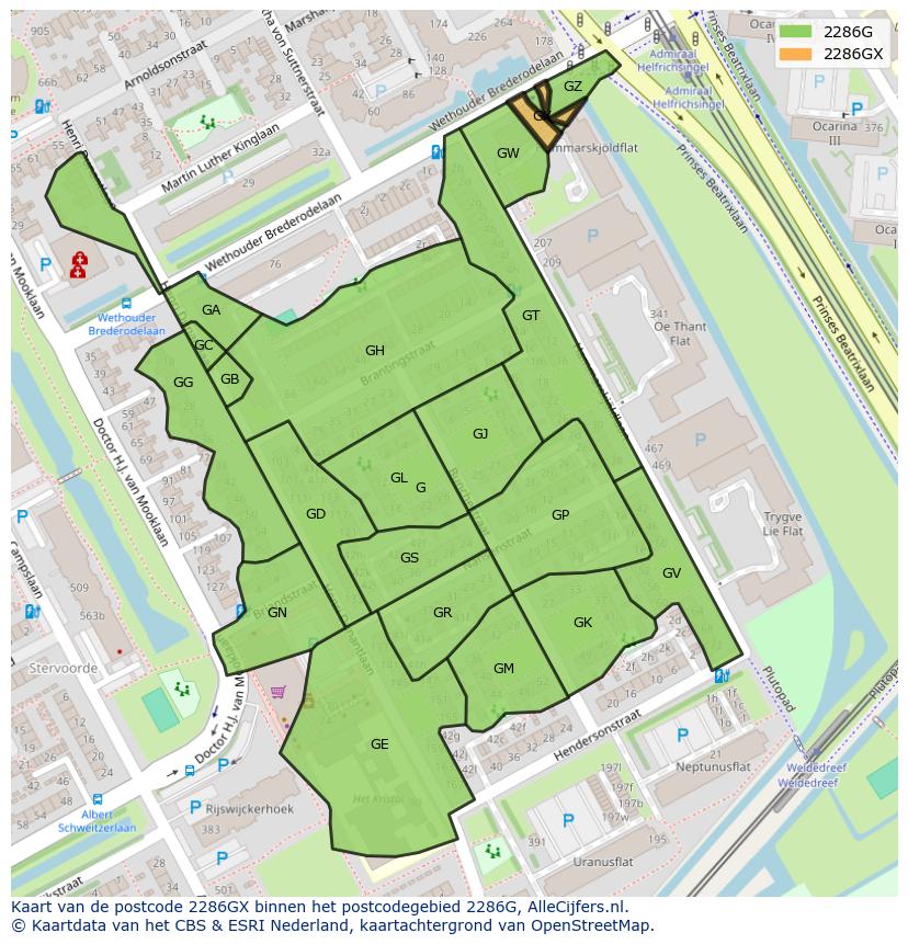 Afbeelding van het postcodegebied 2286 GX op de kaart.