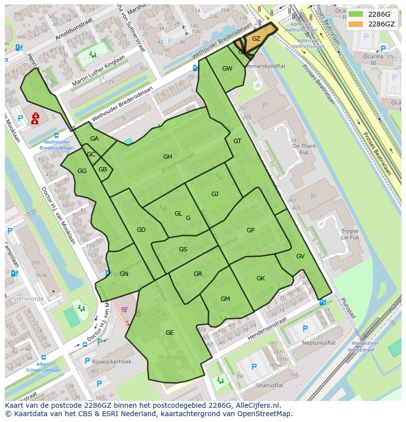 Afbeelding van het postcodegebied 2286 GZ op de kaart.