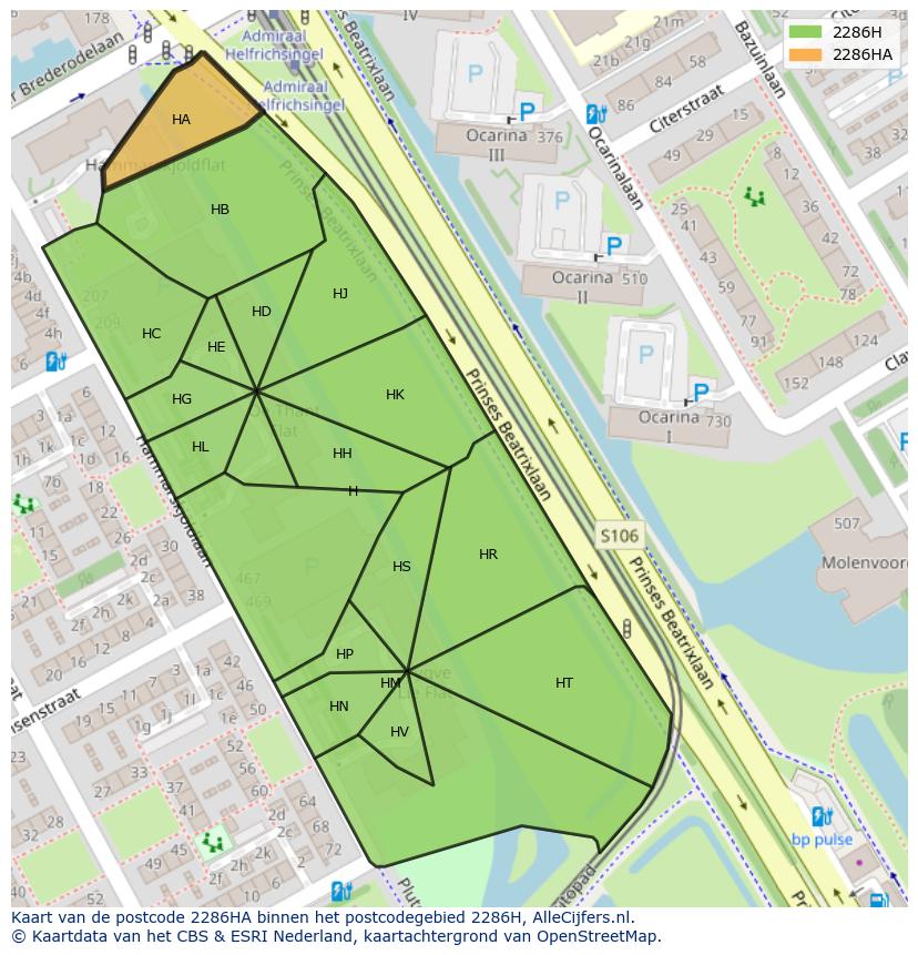 Afbeelding van het postcodegebied 2286 HA op de kaart.