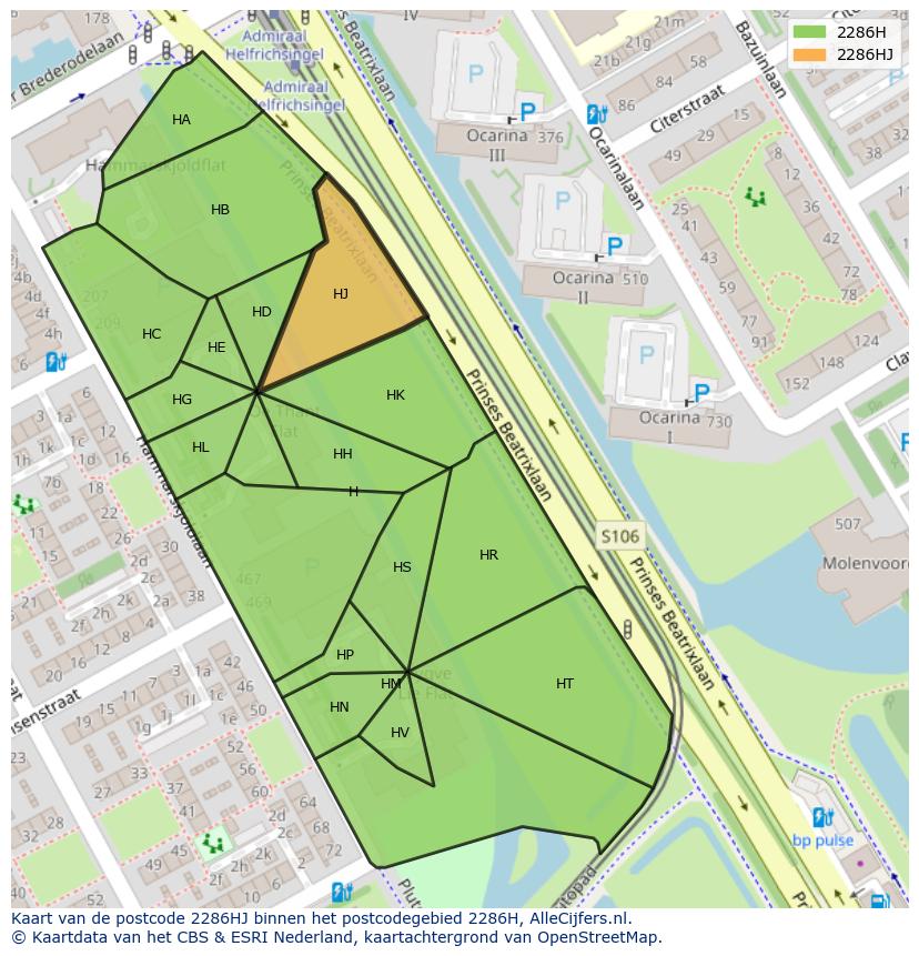 Afbeelding van het postcodegebied 2286 HJ op de kaart.