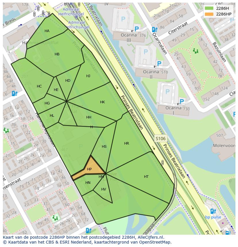 Afbeelding van het postcodegebied 2286 HP op de kaart.