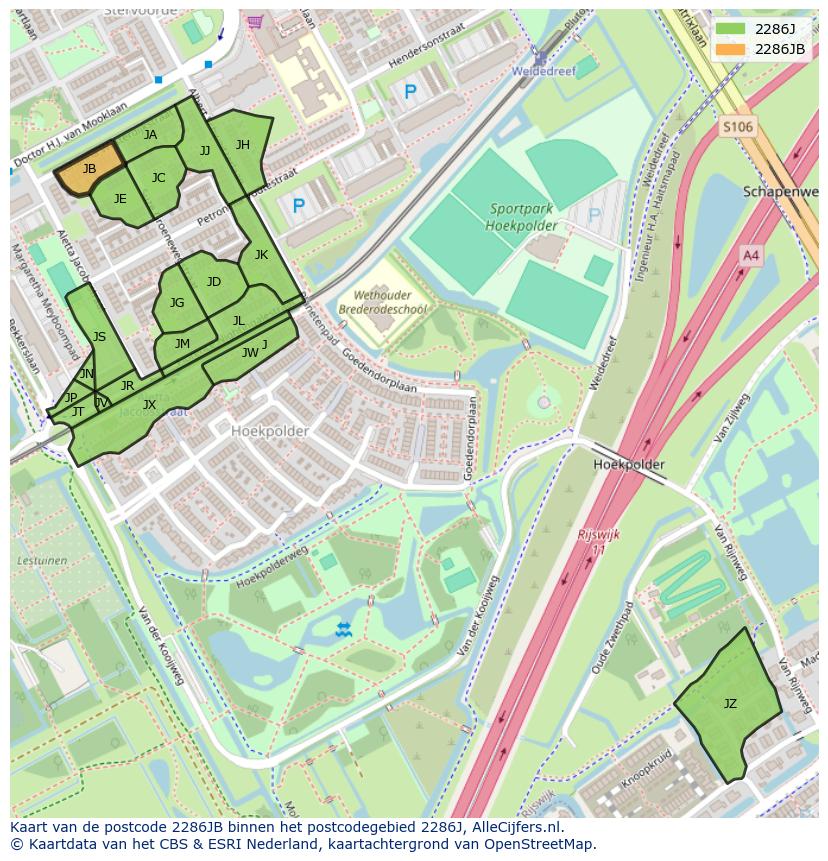 Afbeelding van het postcodegebied 2286 JB op de kaart.
