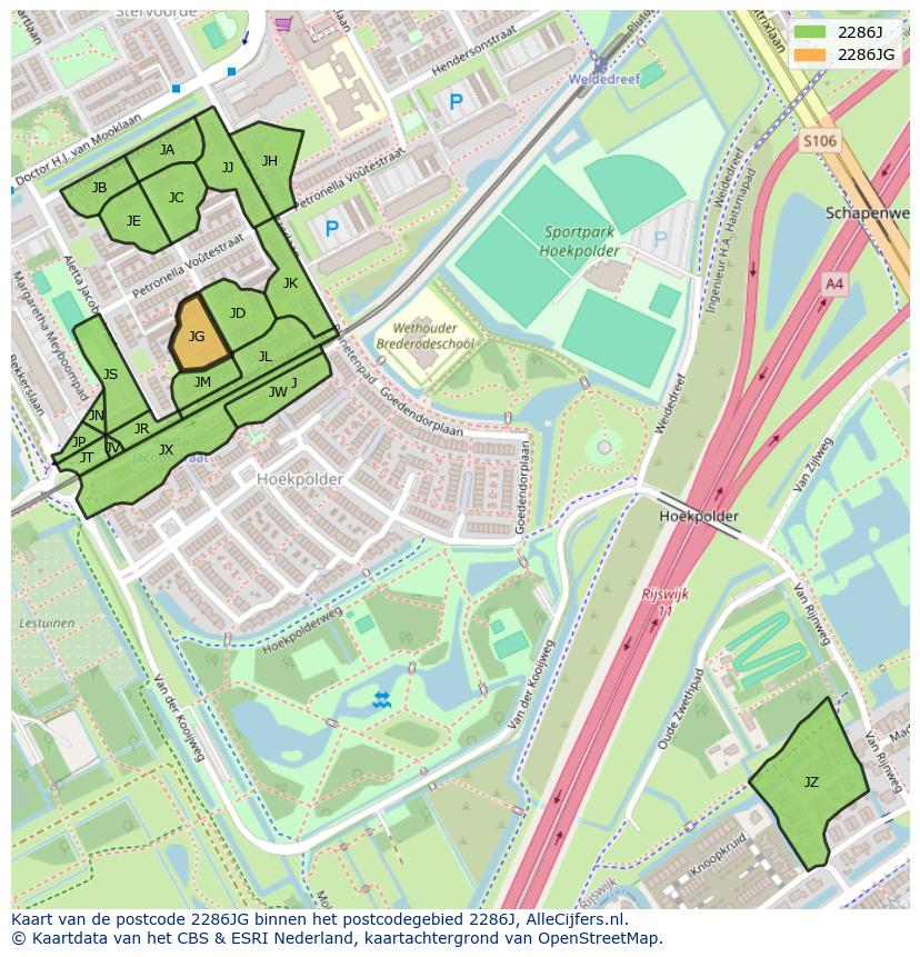 Afbeelding van het postcodegebied 2286 JG op de kaart.