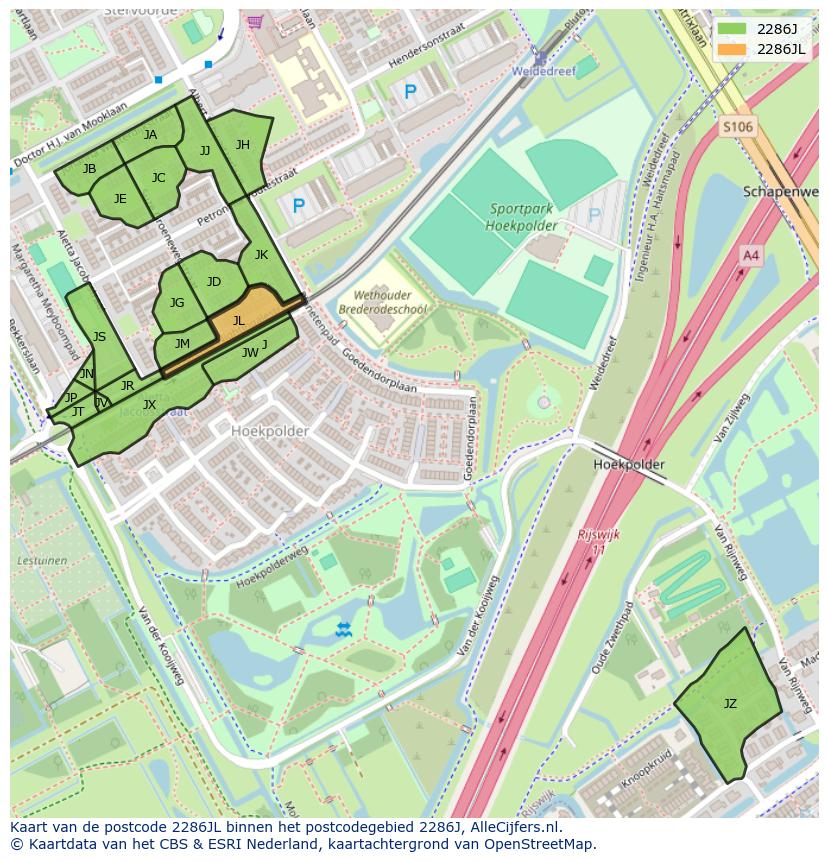 Afbeelding van het postcodegebied 2286 JL op de kaart.