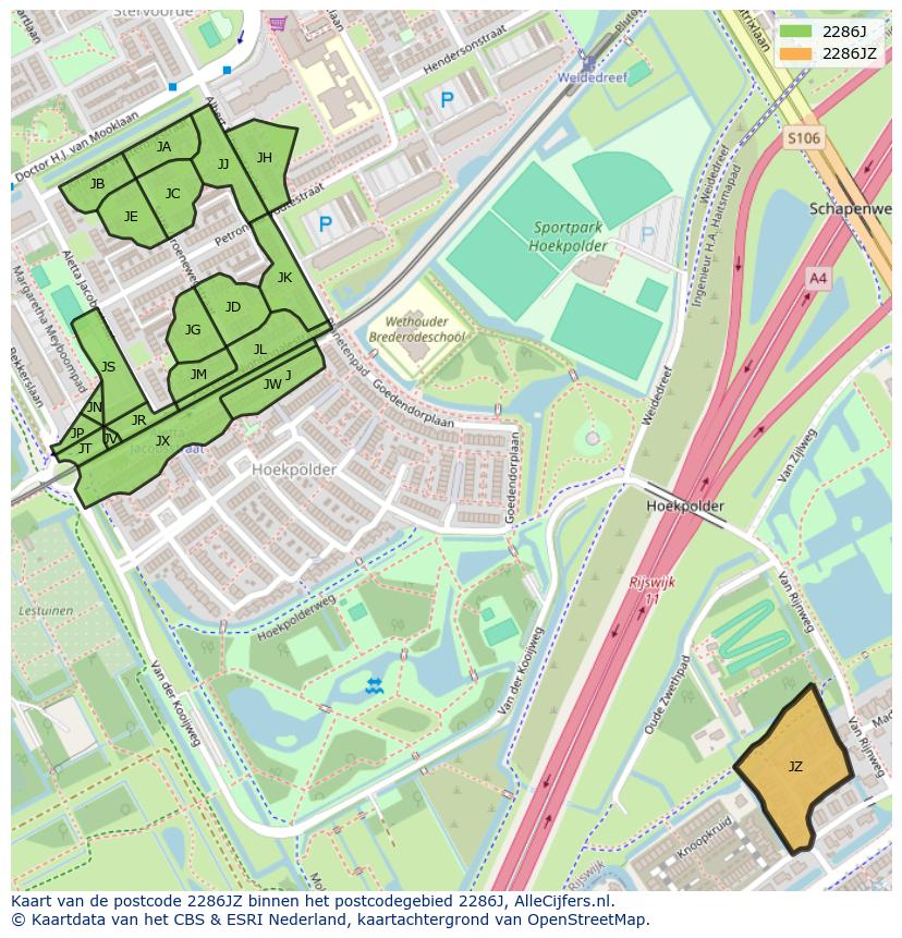 Afbeelding van het postcodegebied 2286 JZ op de kaart.