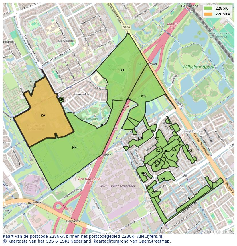 Afbeelding van het postcodegebied 2286 KA op de kaart.