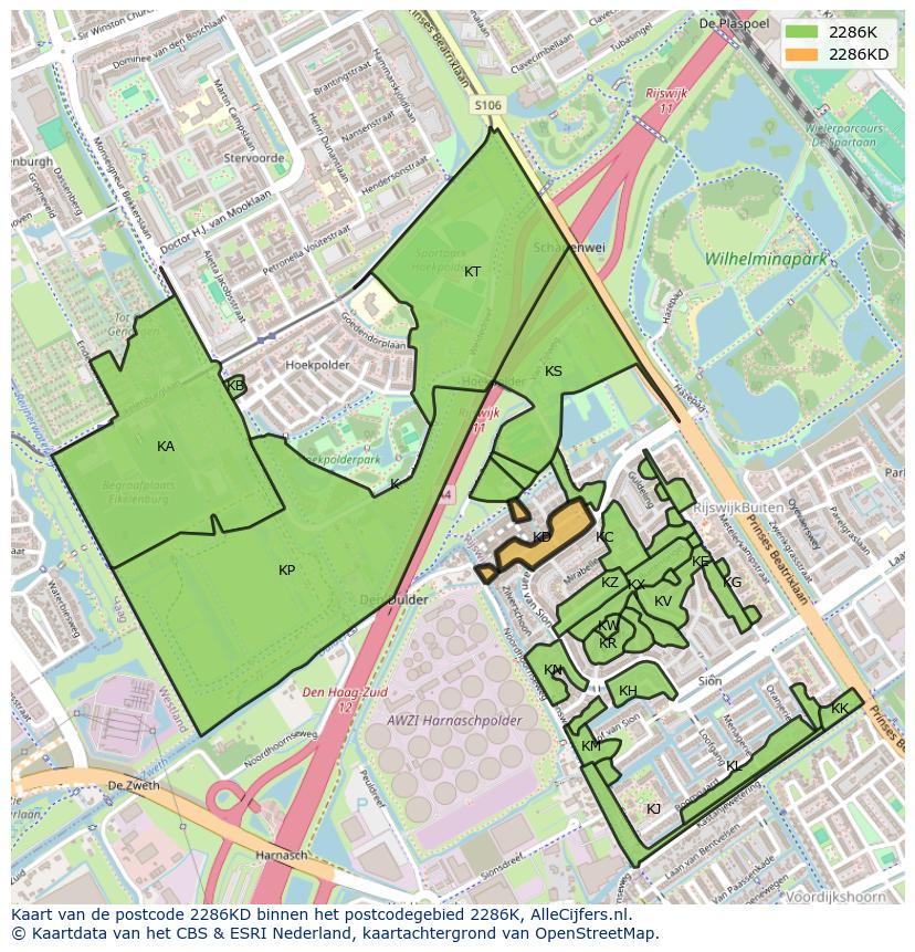 Afbeelding van het postcodegebied 2286 KD op de kaart.