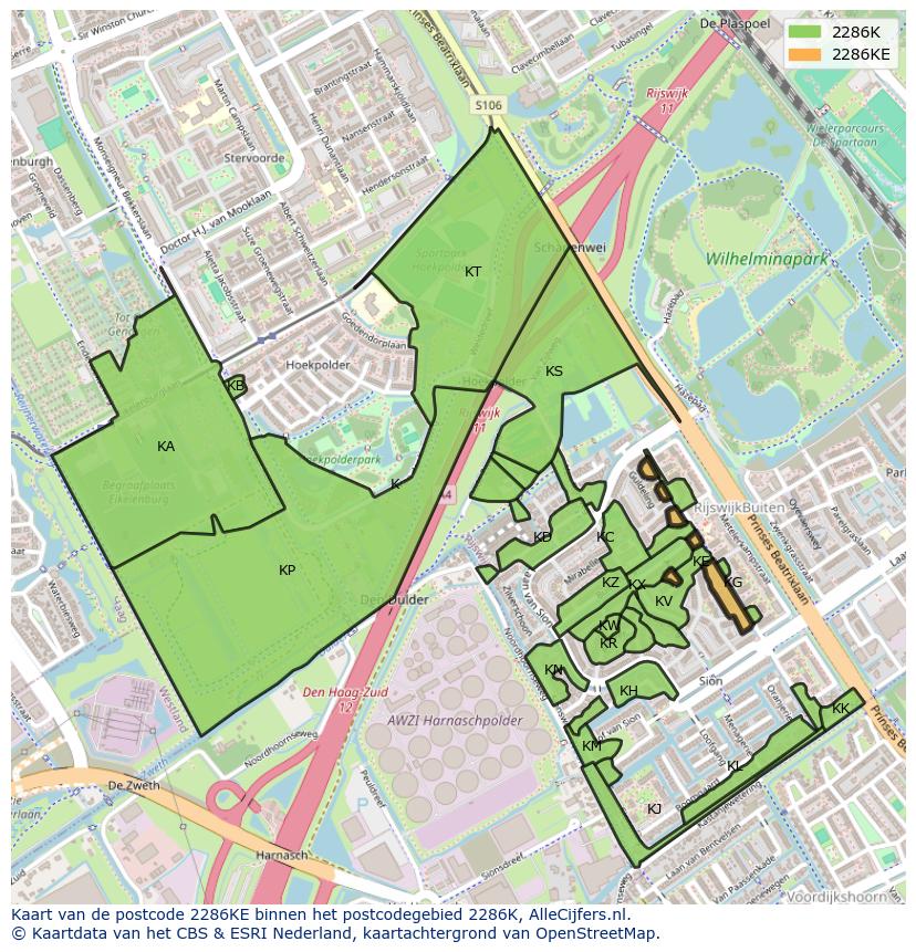 Afbeelding van het postcodegebied 2286 KE op de kaart.