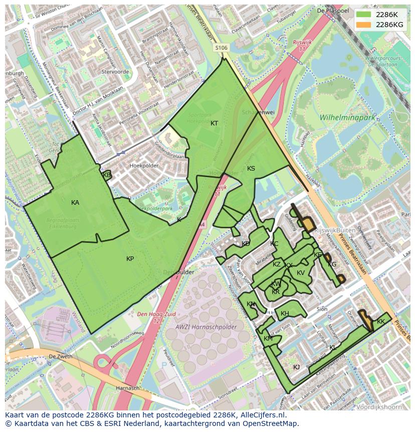 Afbeelding van het postcodegebied 2286 KG op de kaart.