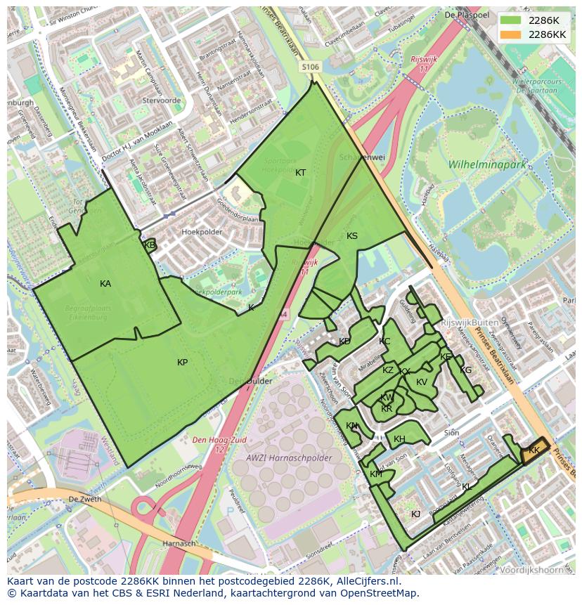 Afbeelding van het postcodegebied 2286 KK op de kaart.
