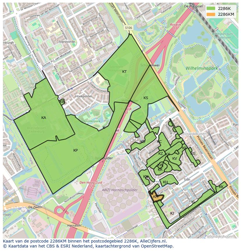 Afbeelding van het postcodegebied 2286 KM op de kaart.