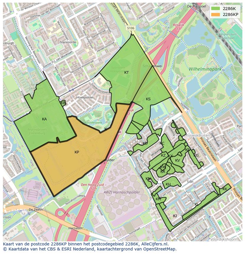 Afbeelding van het postcodegebied 2286 KP op de kaart.