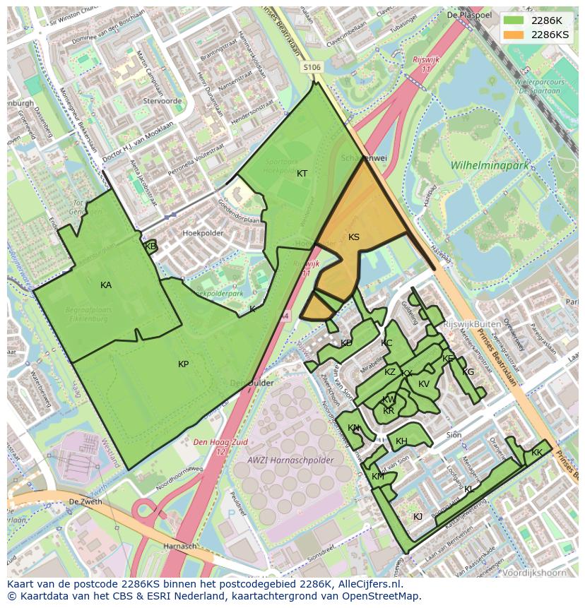 Afbeelding van het postcodegebied 2286 KS op de kaart.