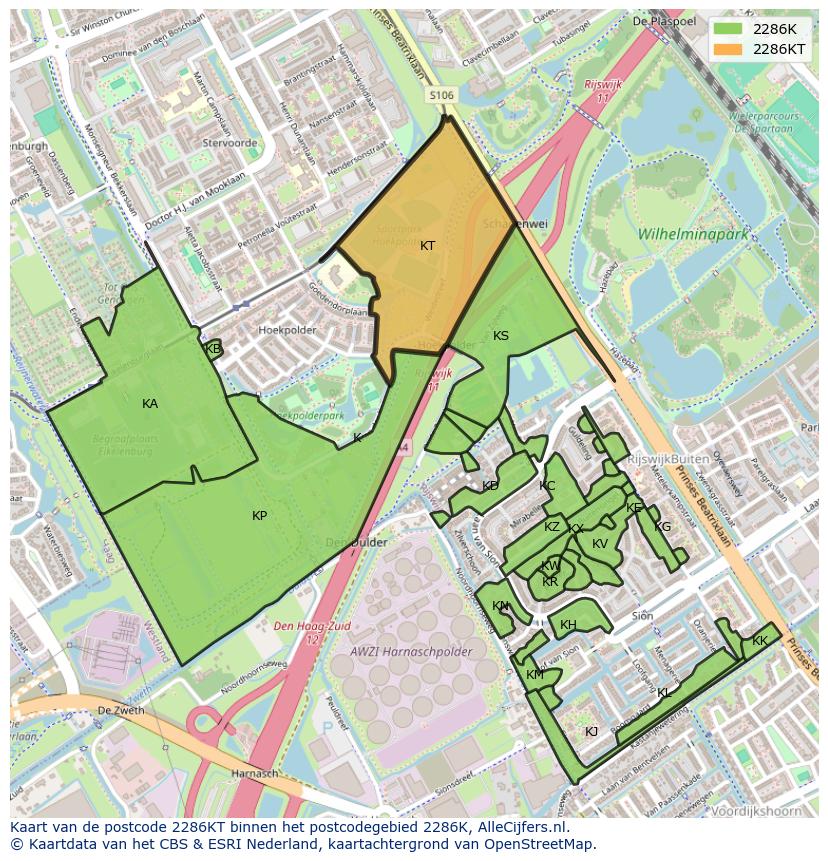 Afbeelding van het postcodegebied 2286 KT op de kaart.