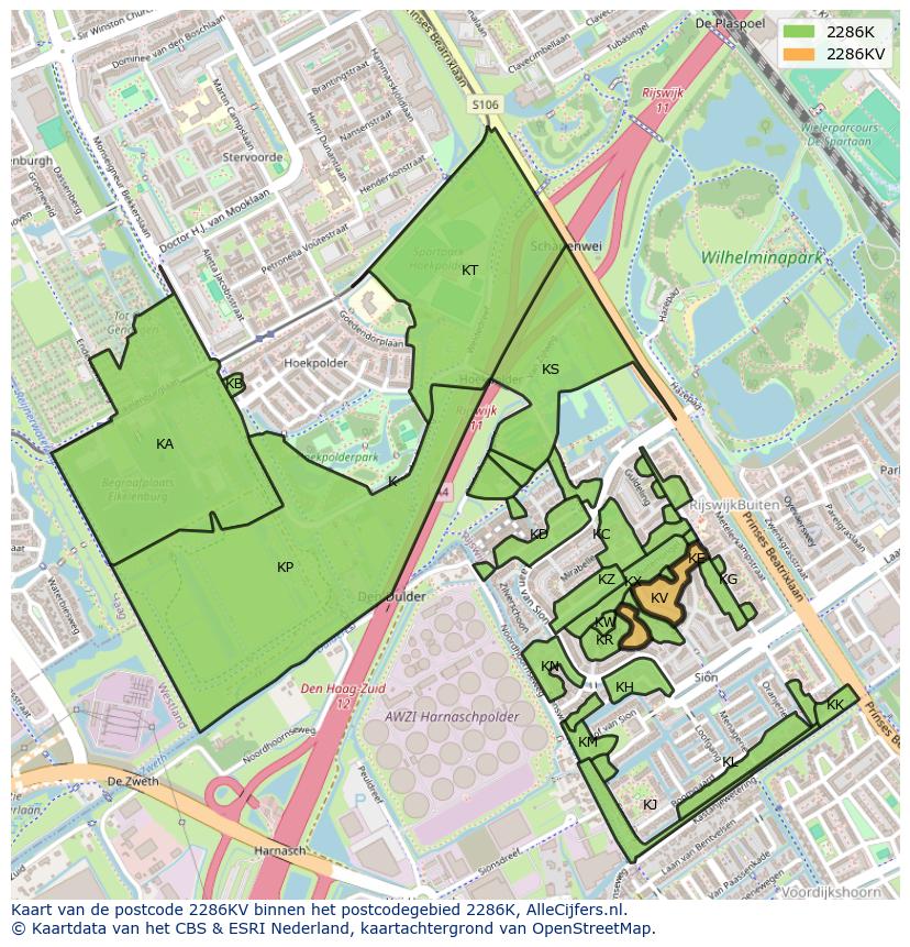 Afbeelding van het postcodegebied 2286 KV op de kaart.