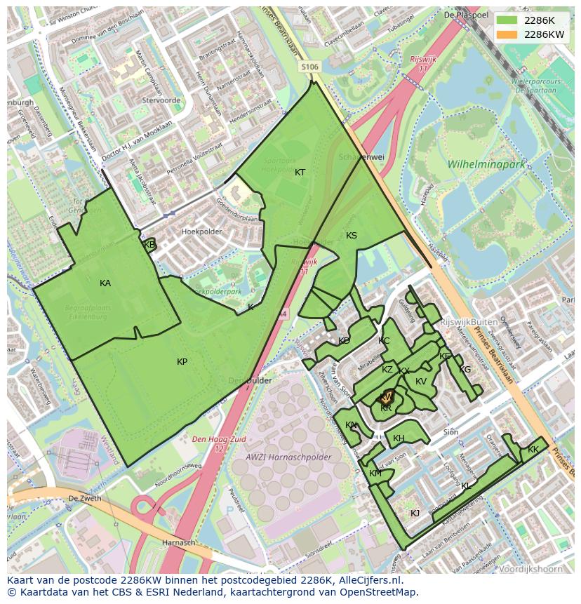 Afbeelding van het postcodegebied 2286 KW op de kaart.