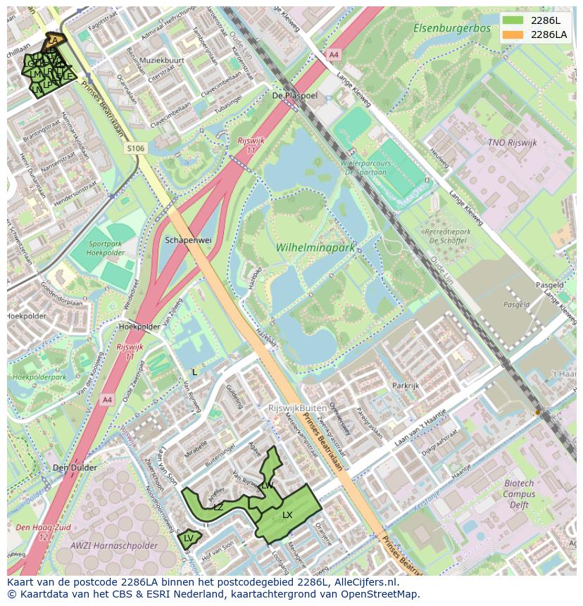 Afbeelding van het postcodegebied 2286 LA op de kaart.