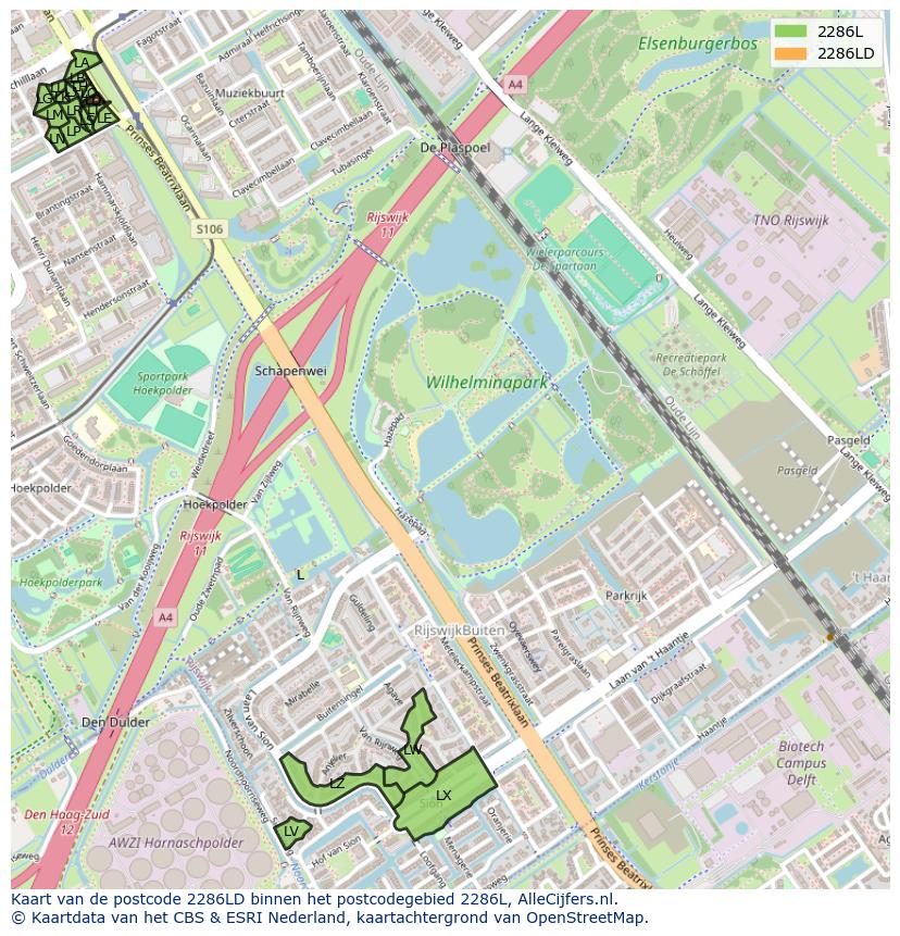 Afbeelding van het postcodegebied 2286 LD op de kaart.