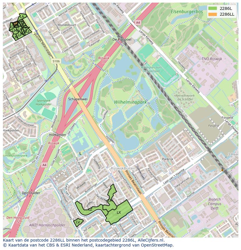 Afbeelding van het postcodegebied 2286 LL op de kaart.