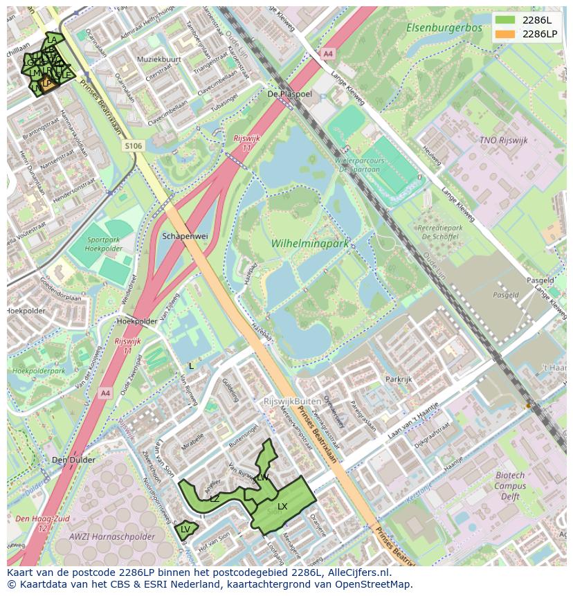 Afbeelding van het postcodegebied 2286 LP op de kaart.