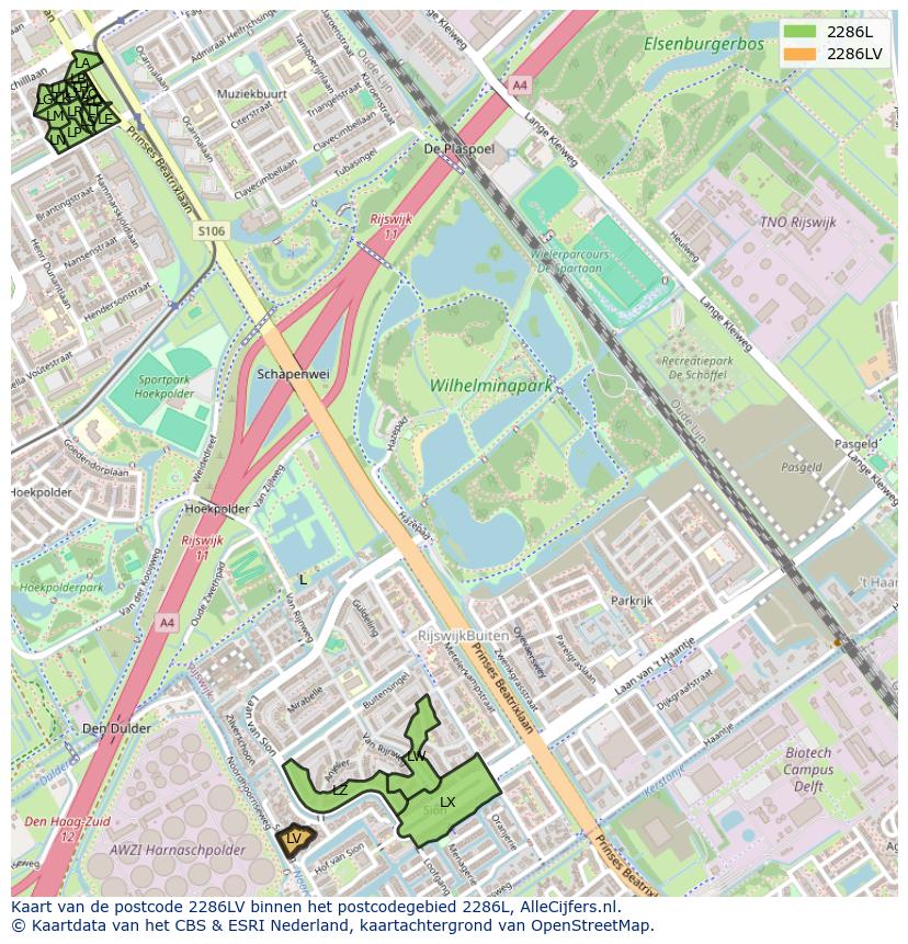 Afbeelding van het postcodegebied 2286 LV op de kaart.